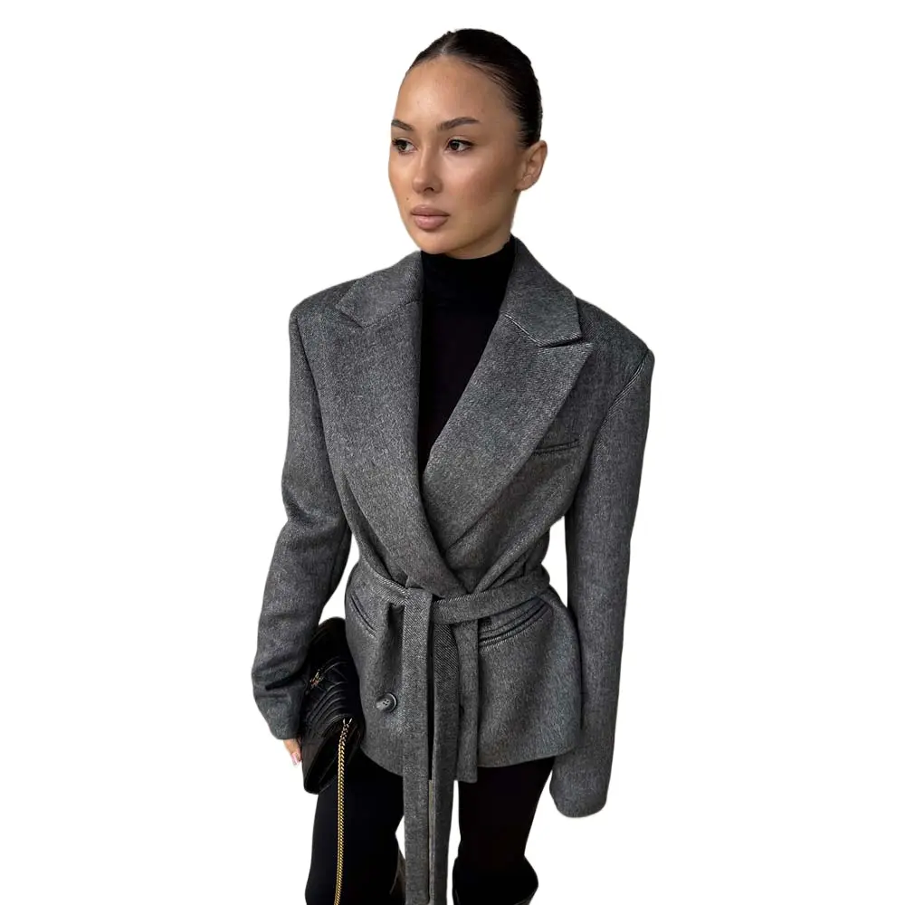 Women's Belted Double Breasted Blazer Coat, Notch Lapel Long Sleeve Tailored Jacket with Pockets, Elegant Cinched Waist Fall Winter Workwear