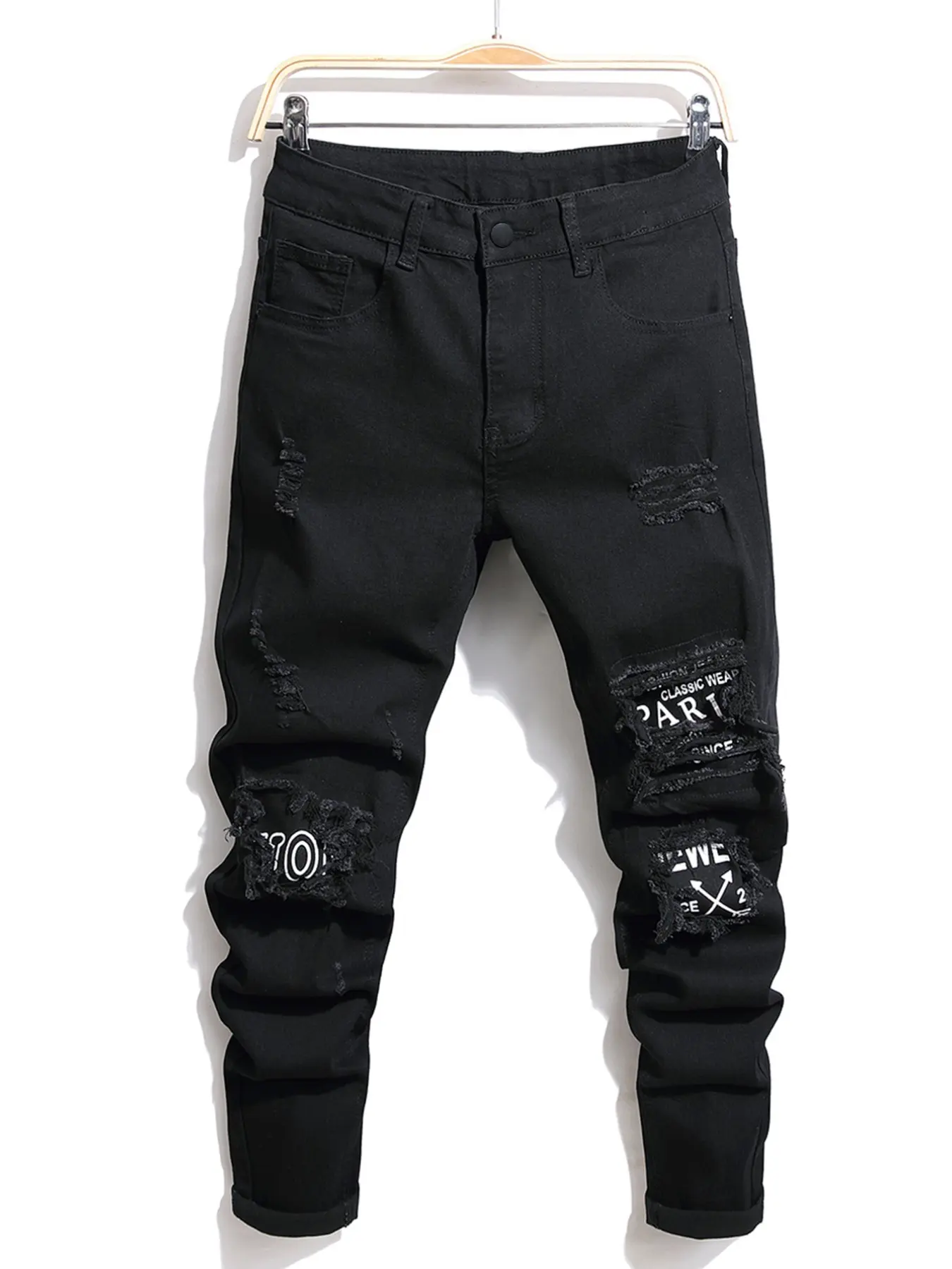 Men's Jeans with Unique Patchwork Rips, Wide Leg Denim Jeans, Trendy Loose Fit Straight Leg Design, Fashionable Men's Clothing