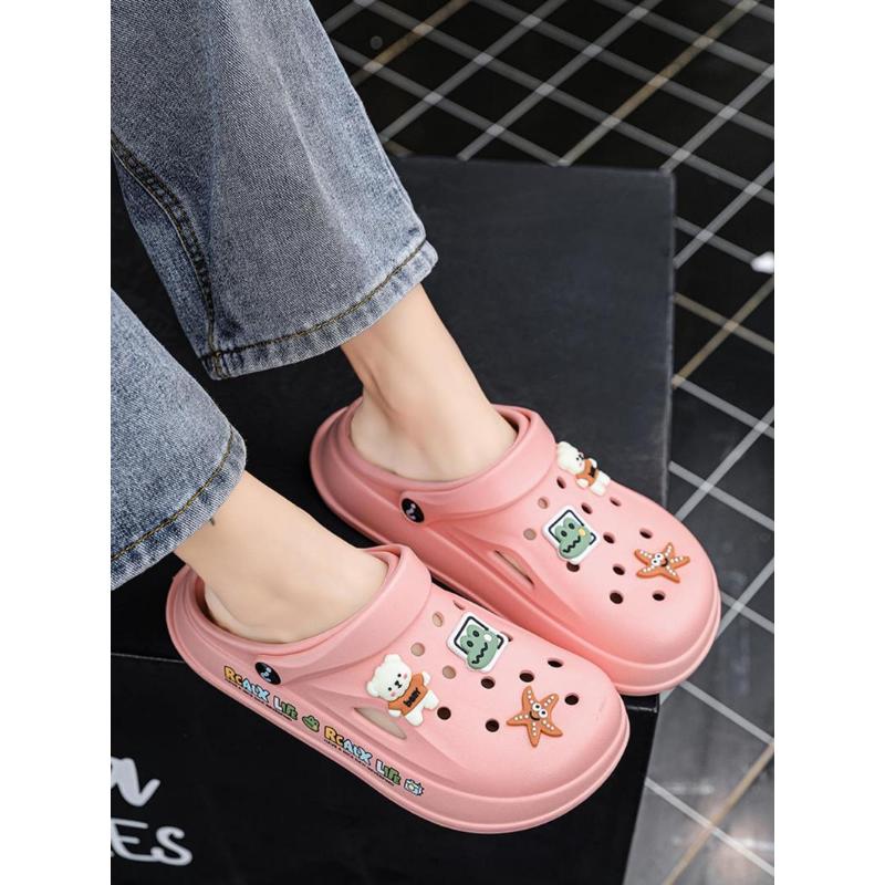 (New)Women's Cute Cartoon Bear & Flower Decor Clogs, Casual Comfortable Breathable Clogs, Fashionable Shoes for Outdoor & Beach