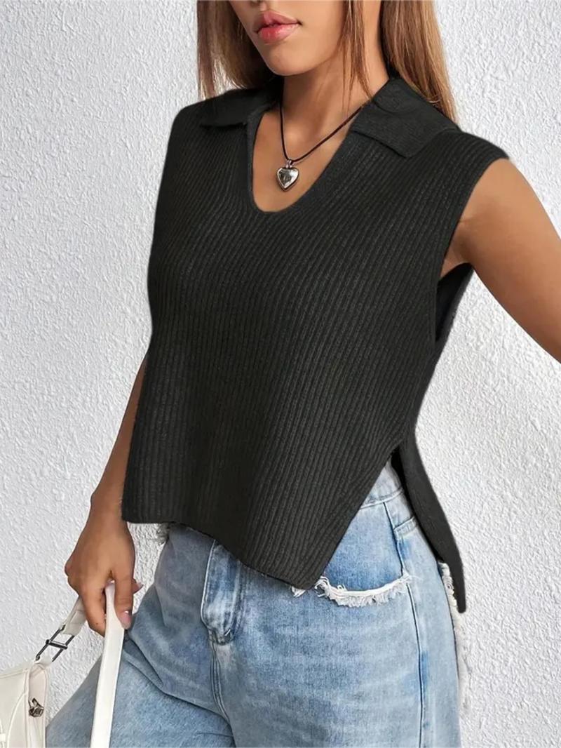 Women's Plain Split Hem Sweater Vest, Casual Fitted Solid Collar Sleeveless Knitwear Top for Summer, Fashion Ladies' Collared Knit Clothing for Everyday Wear, Minimalist Basic Womenswear, Sleeveless Vests