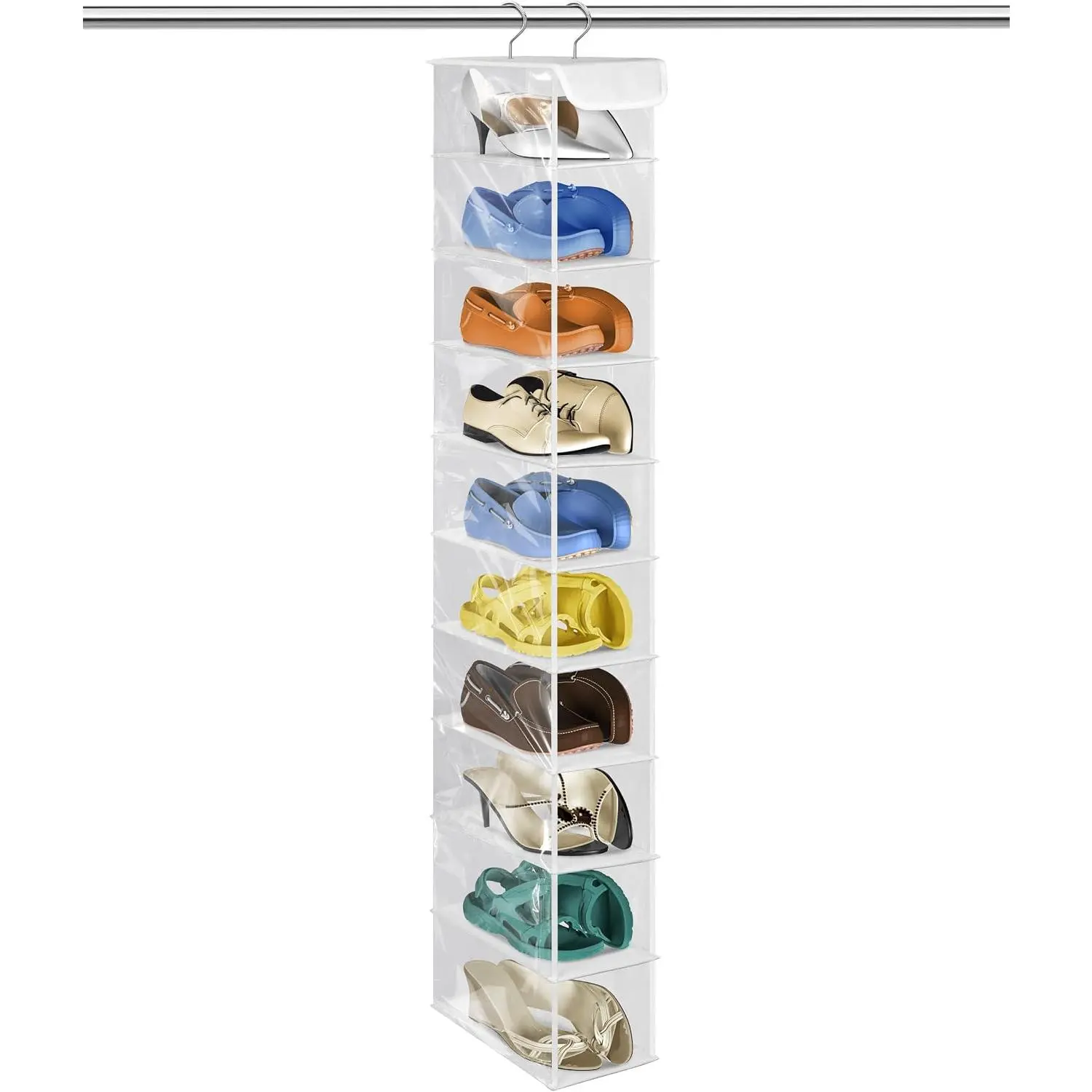 10-Tier  Shoe Organizer for Closet, Transparent |  Organizer & Storage for Wardrobe,Dorm,Bedroom, Space Saving Shoe Rack Hanger, Foldable Clothes Shelf with Sturdy Hook