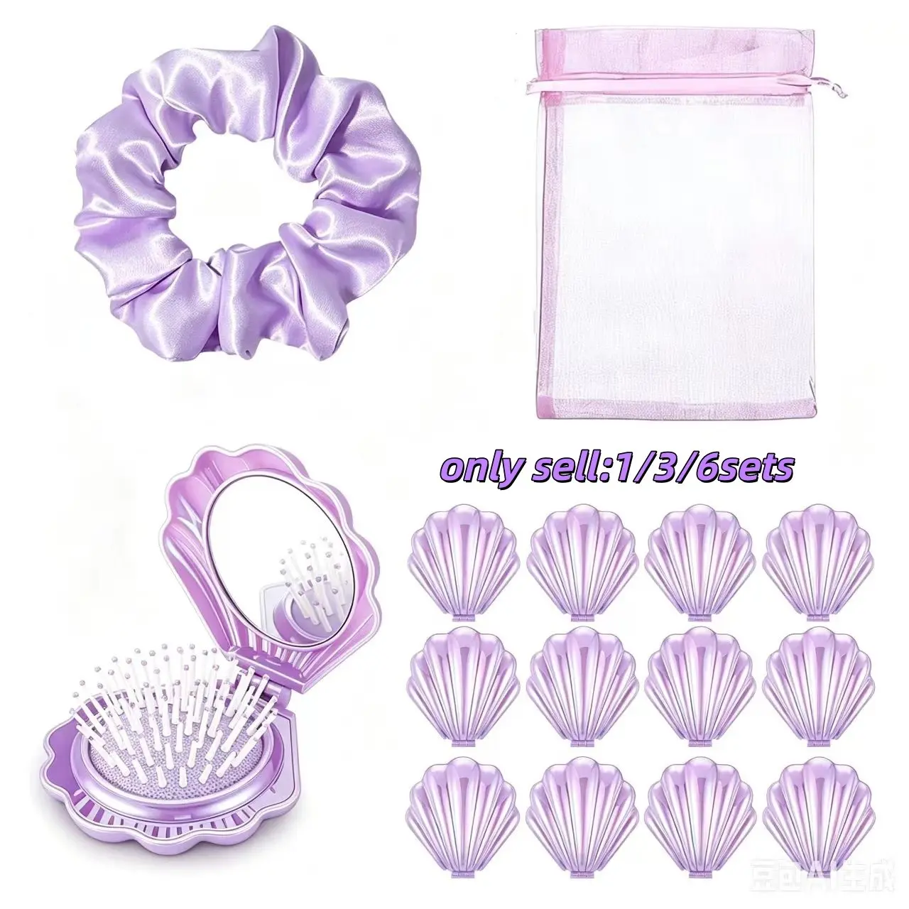 Travel Hair Comb Set with Mirror, Satin Hair Tie, Mesh Bag, Metallic Shell Design, Portable Folding Pocket Comb, Mini Hair Brush for Women, Gift Ready