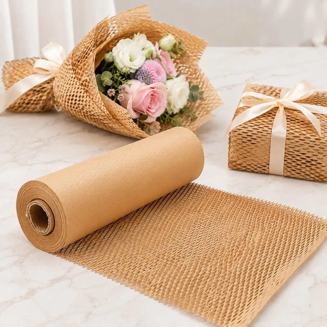 Honeycomb Packing Paper Roll, 15 in Wide Kraft Paper Wrap for Shipping, Moving, Gift Wrapping, Bottles, Glassware & Bouquets