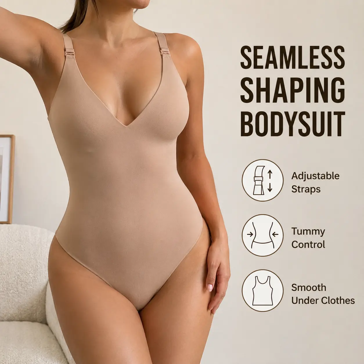 Women’s Seamless Shapewear Bodysuit with Adjustable Straps, Tummy Control, Waist Shaping Support, Smooth 1-Piece for Dresses & Everyday Wear shapewear