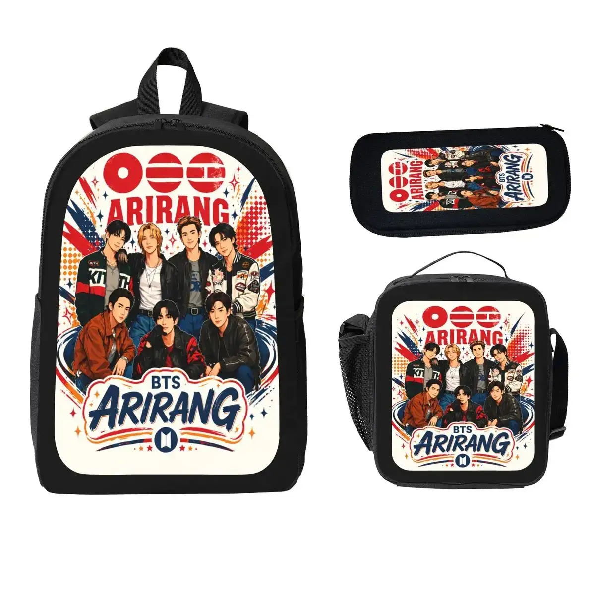 3PCS Kpop Music Backpack Set for Kids & Teens, Korean Pop Idol Graphic School Bag Set with Lunch Bag & Pencil Case, Lightweight Durable Travel Backpack for Students & Fans