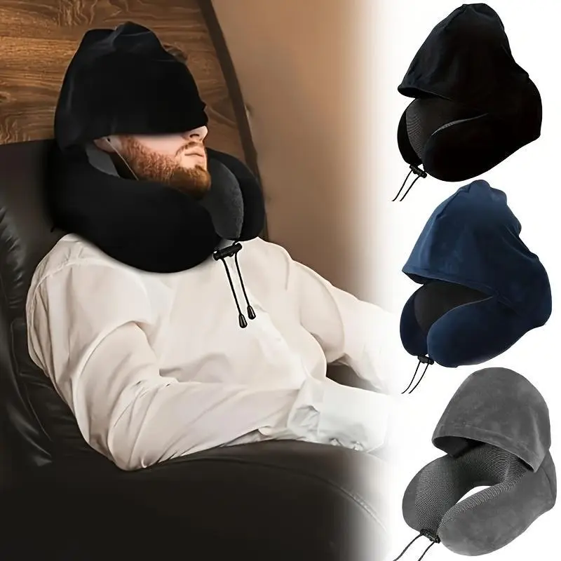 3-in-1 Ergonomic Contoured Memory Foam Travel Neck Pillow - Supportive Head Cushion with Hood, Eye Mask, Memory Foam Cushioning for Airplane Naps, In-Car Neck Support, Travel Neck Cushion