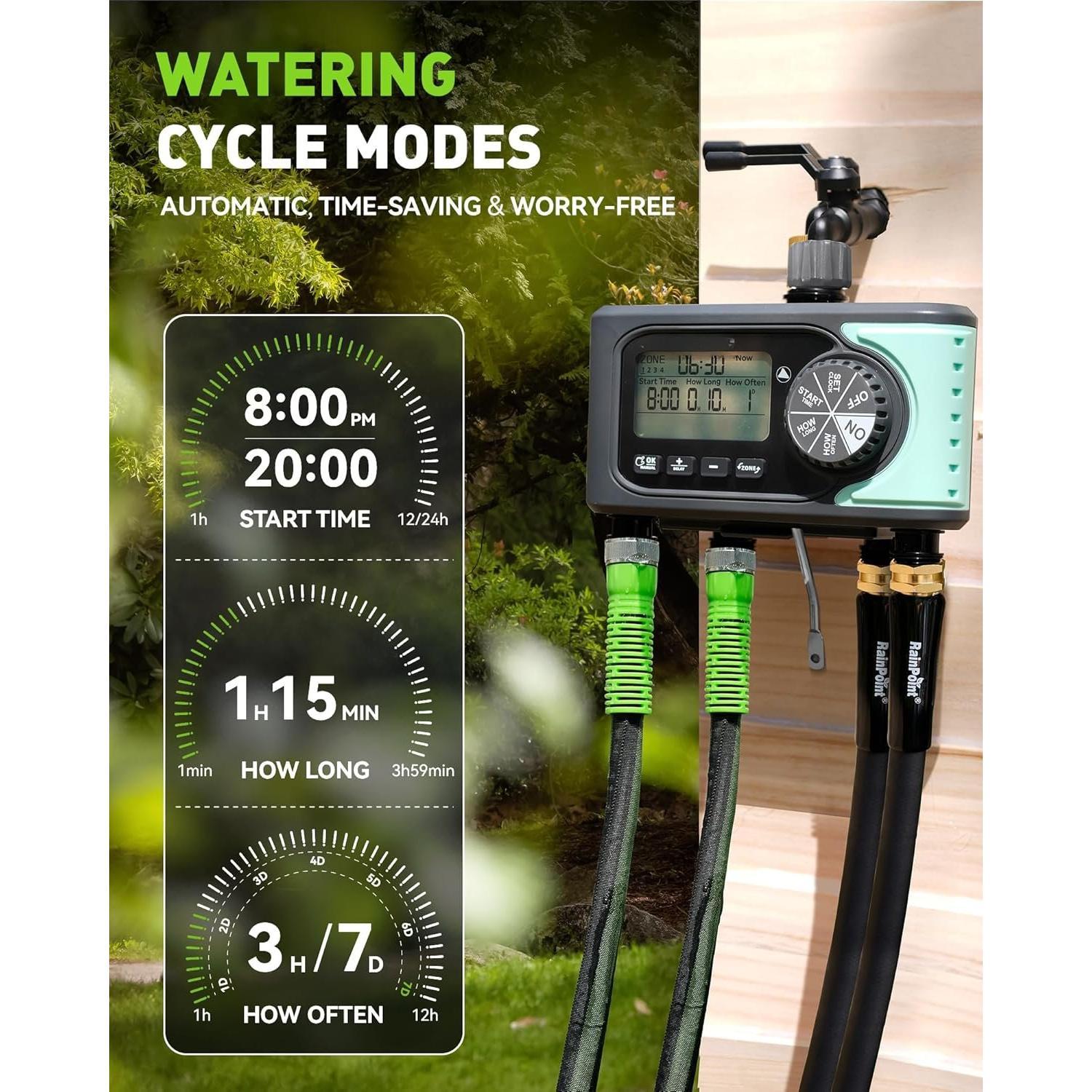 Sprinkler Timer, 4 Outlets Hose Timers, 4 Zone Water Timer for Watering with Rain Delay/Manual/Automatic Timed Irrigation Controller System for Lawn