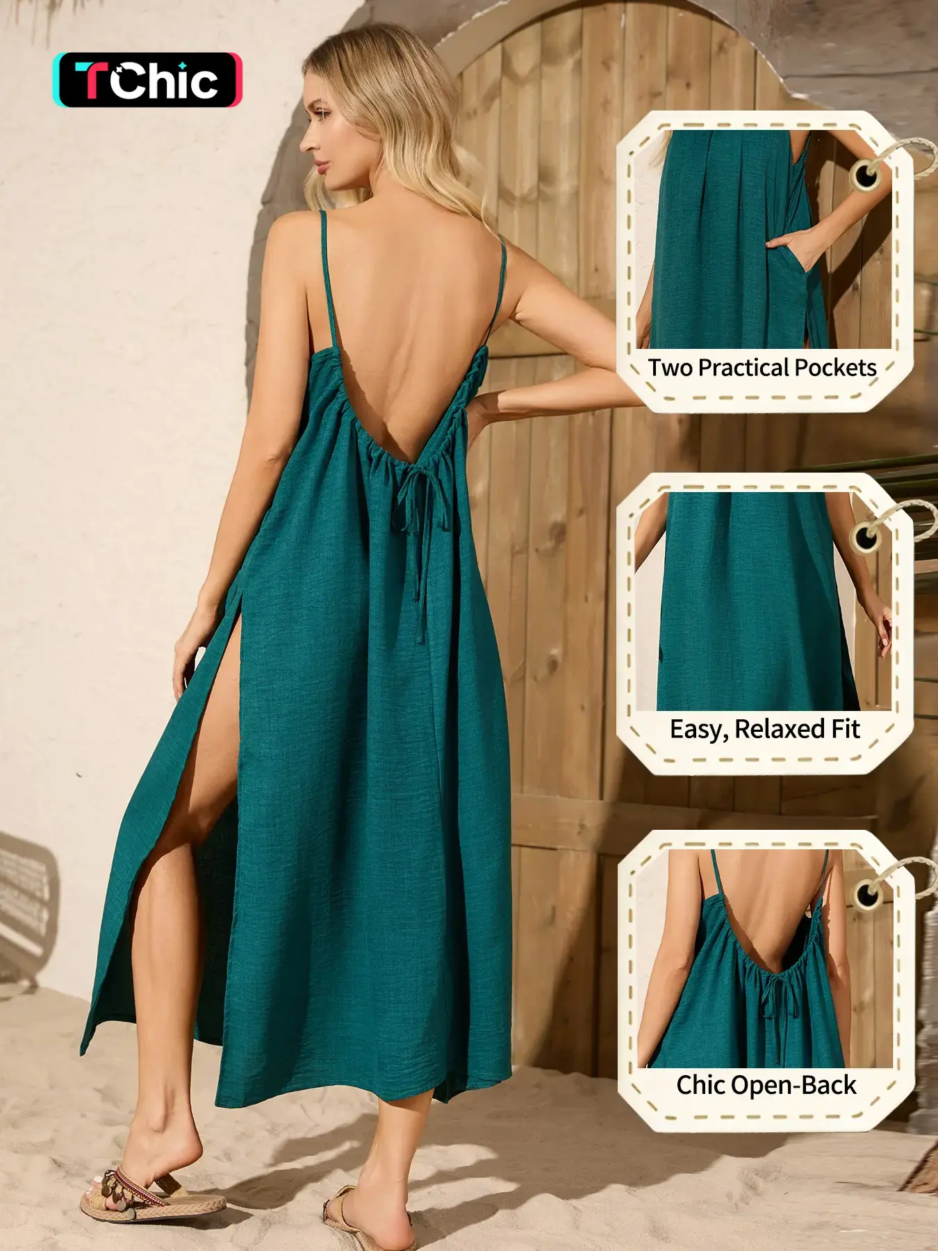 Summer Women's Long Dress, Fashion Chic Solid Color Backless Ruched Tie-Back, Loose Sleeveless Sexy High Slit, Comfortable Dual Pockets, Outdoor & Home Wear, Fit