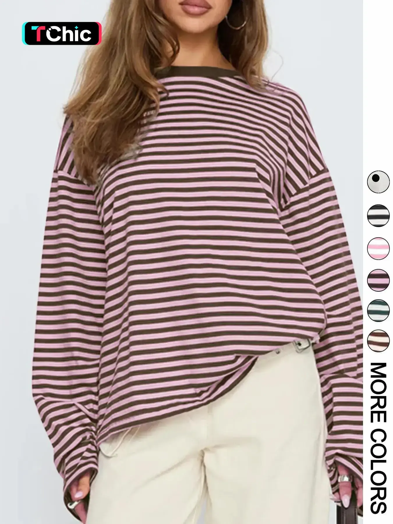 Women's Striped Loose-Fit Long-Sleeve Oversized Top for Daily Wear and Layering Oversized Drop Shoulder Loose Fit Cropped Tee Classic Horizontal Stripe Pattern Casual Relaxed Fit Basic Blouse Trendy Daily Wear Shirt