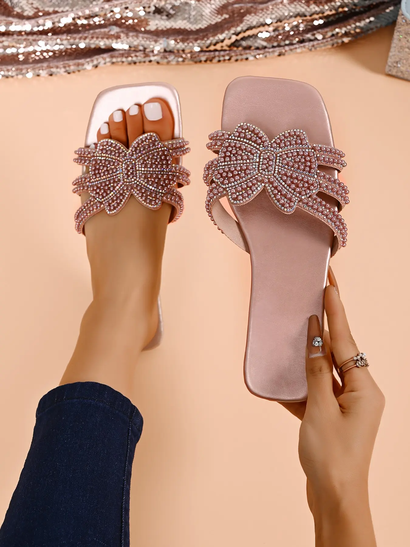Elegant Pearl Bow Women's Sandals, Bow Decor Sandals, Square Toe Design, Soft Flat Sole, Comfortable and Stylish, Perfect for Various