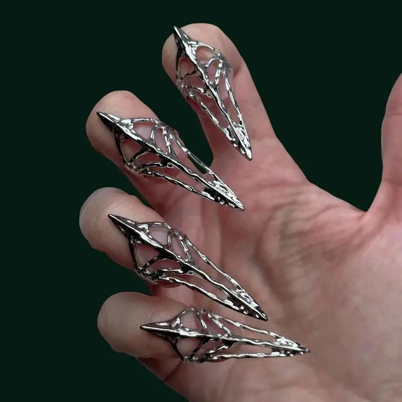 Gothic Armor Ring Silver Skeleton Nail Cover Unisex Metal Finger Shield Punk Rhinestone Decor Protective Jewelry for Women Men