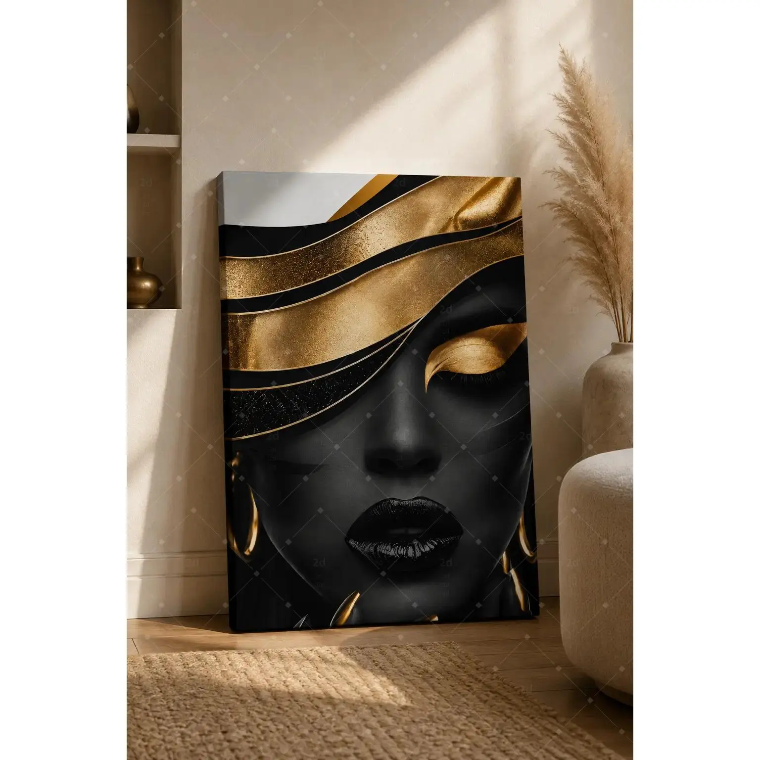 Black Gold Abstract Woman Face Glitter Foil Canvas Wall Art, Luxury Minimalist Glam Portrait Painting For Bedroom Living Room Salon Office Apartment Wall Decor, Available as Unframed Canvas Poster or Framed Canvas Wrap