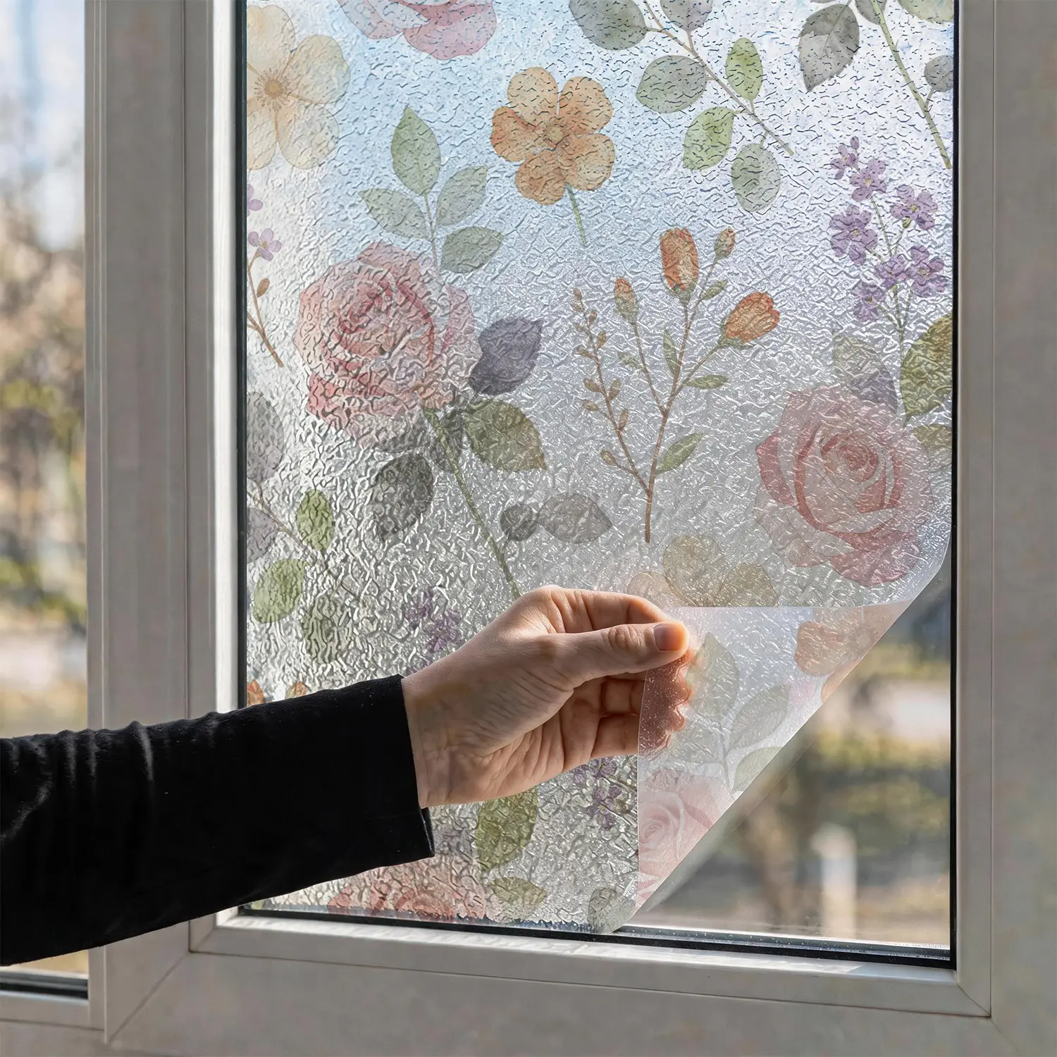 French Country Floral Window Privacy Film, Static Adhesive Frosted Glass Sticker, Decorative Decal, Reusable Without Glue, Artistic Water Ripple Decoration