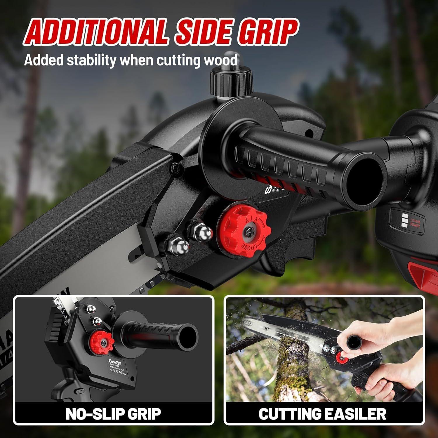 Seesii Mini Chainsaw 8-Inch, Cordless Battery Chainsaw with Extra Grip, Brushless Chainsaw with Automatic Tanker, 2 21V 2000MAh Batteries, Handheld Chainsaw for Tree Pruning and Cutting