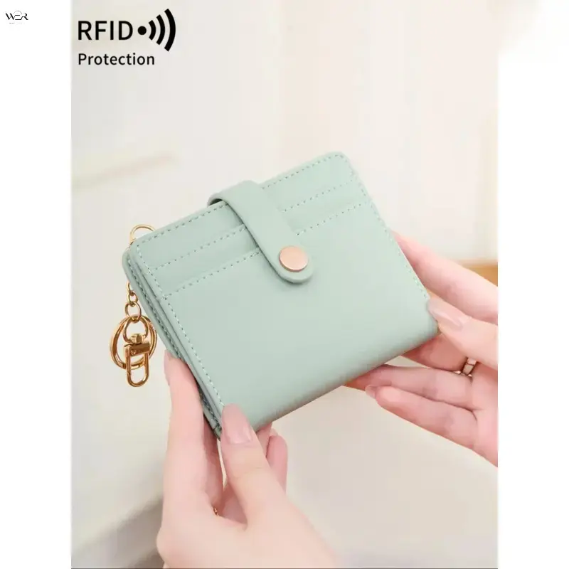 Women Mini RFID Blocking Wallet, Slim Bifold Card Holder with Keychain, Small PU Leather Purse with ID Window, Multi Card Slots Coin Pocket, Portable Short Wallet for Ladies Daily Use, Multiple Colors