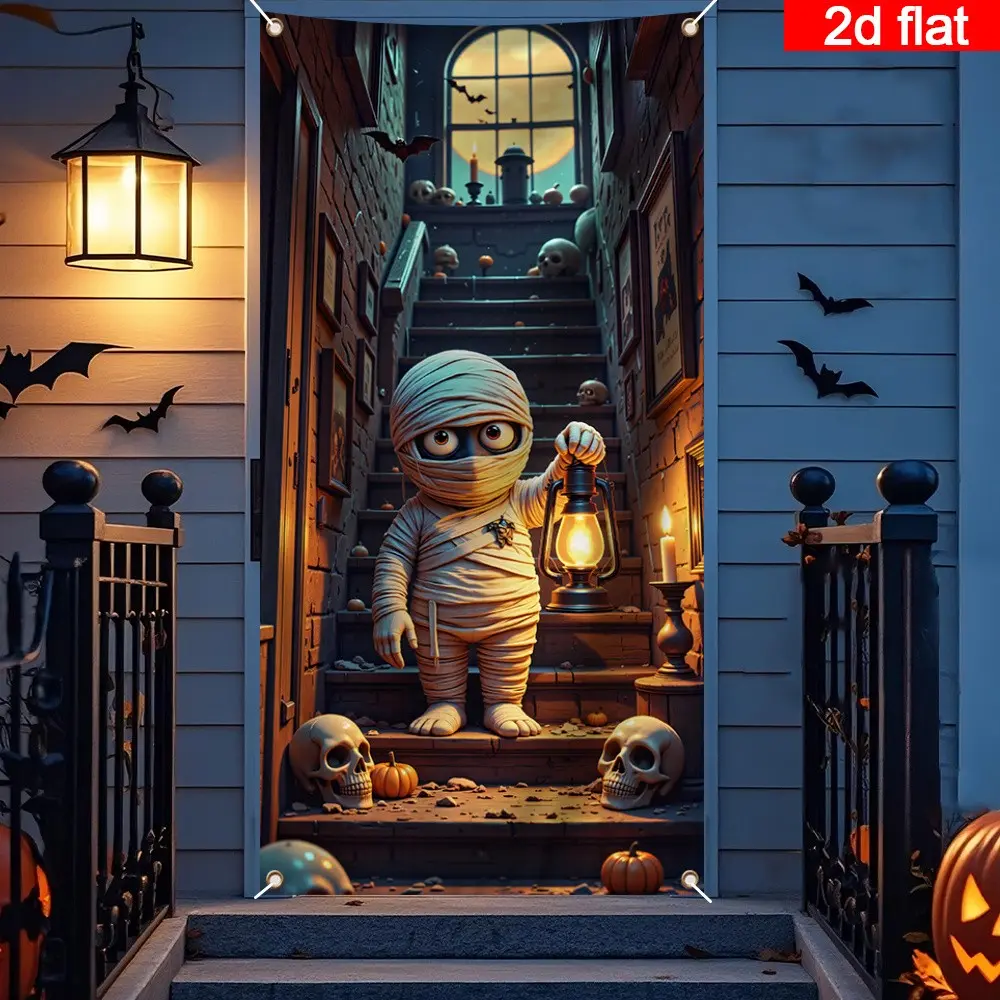 2D Halloween Door Banner, Polyester Material, Features Grim Mummy and Glowing Lantern, Perfect for Party Decorations, Model Mf-134