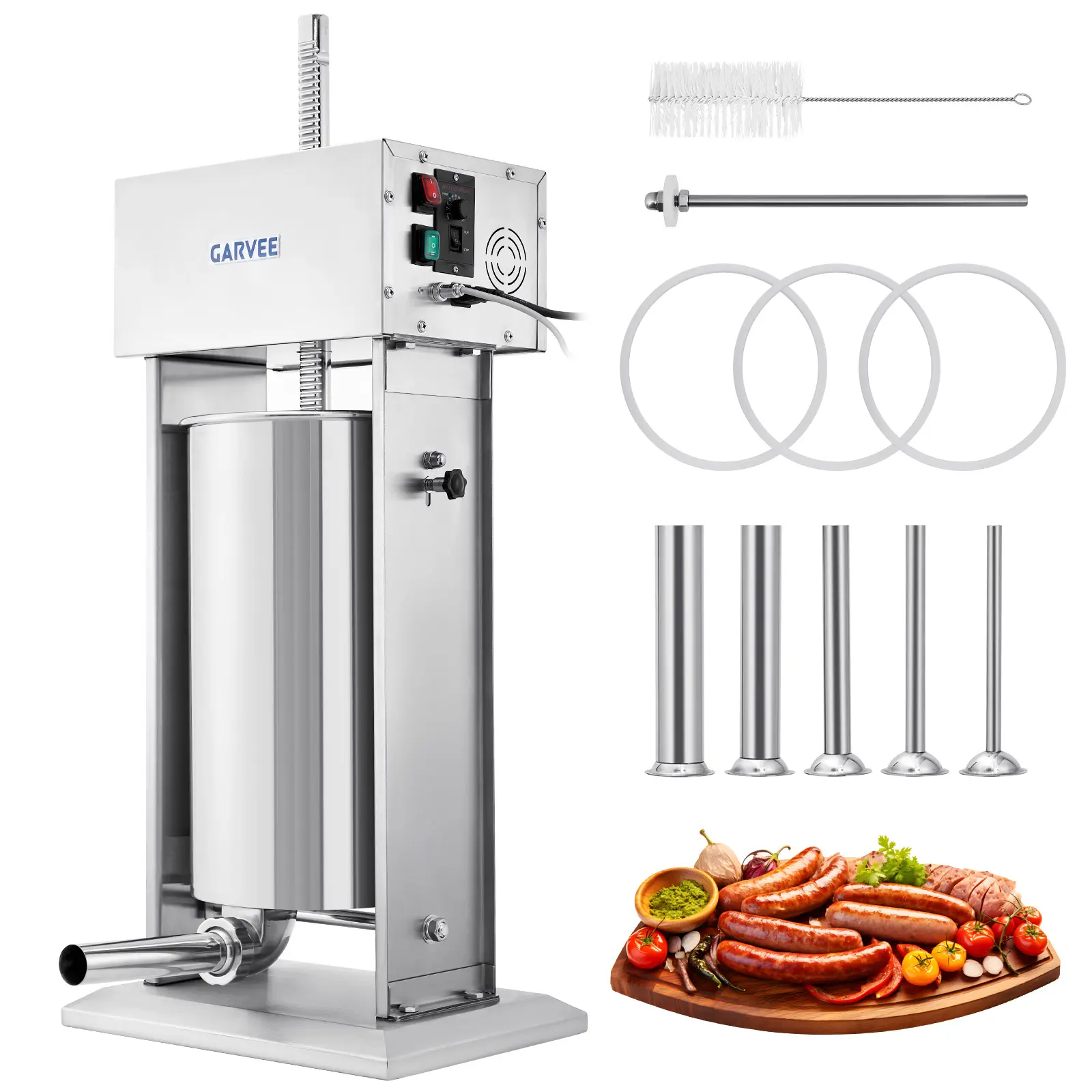 Commercial 25L Electric Sausage Stuffer Machine w/ Foot Pedal – Variable Speed, 5 Filling Tubes, 304 Stainless Steel, Cleaning Kit Included