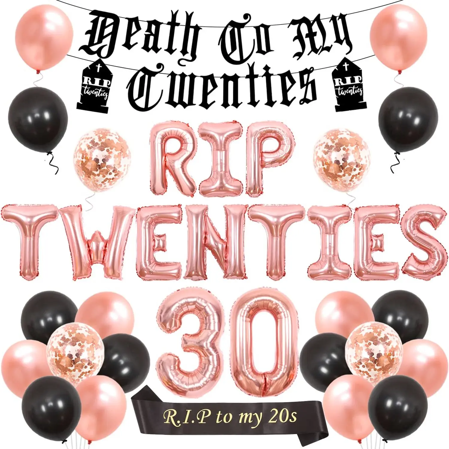 1Set Rip Twenties 30th Birthday Party Decoration for Women Black and Rose Gold Balloon Garland Death to My Twenties Banner Rip to My 20s Sash Number 30 Foil Balloon for Funny Thirty Birthday