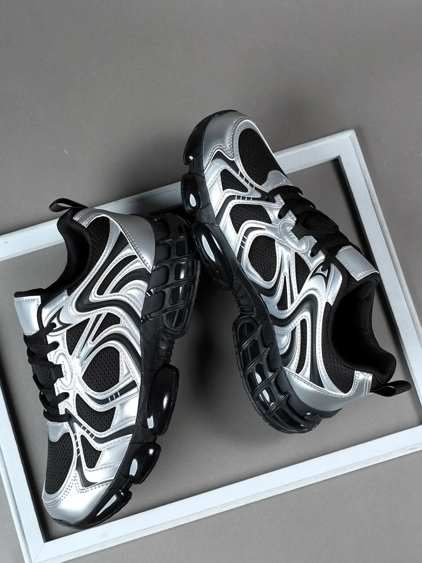 New Silver Color High-Quality Men's Casual Shoes, Comfortable Laces Sporty Sneakers, Outdoor Leisure Footwear, Spring & Fall, Running Casual Sneakers