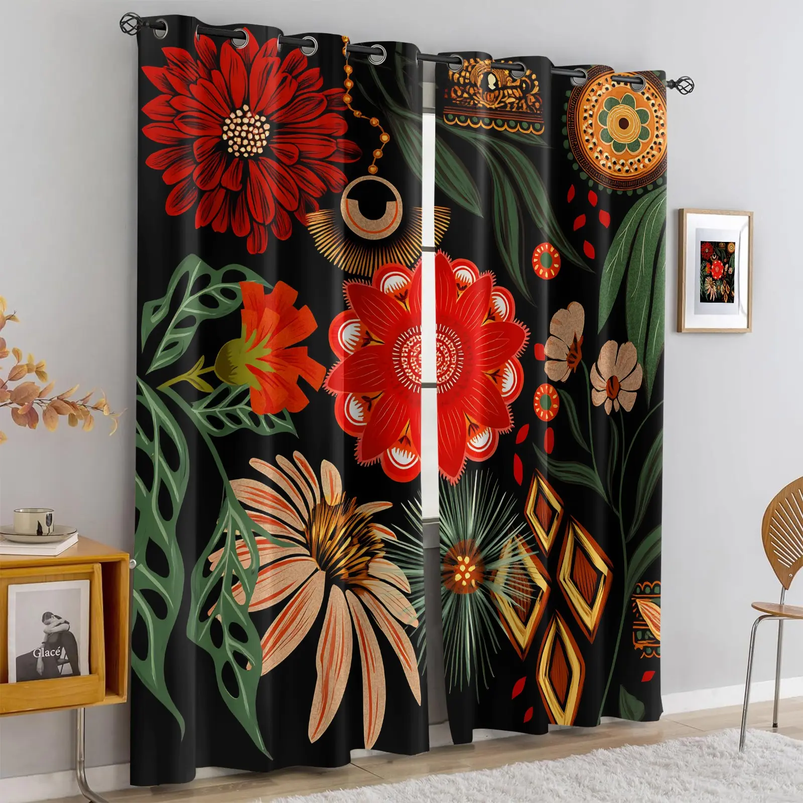 2 Panels Mexican Floral Blackout Curtains, Boho Red Floral Ethnic Print, No-Hook Washable Fabric, Room Darkening Window Drapes for Bedroom Living Room Decor, Bohemian Home Gift