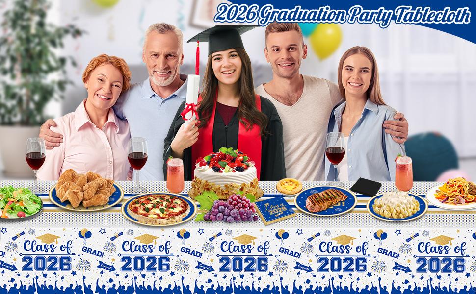 Graduation Decorations Class of 2026 Tablecloth - 3 Pcs Plastic Congrats Grad Table Cloth, Graduation Table Cover for Graduations Party Decorations 2026 and Party Supplies, 54"x108" (Blue and Gold)