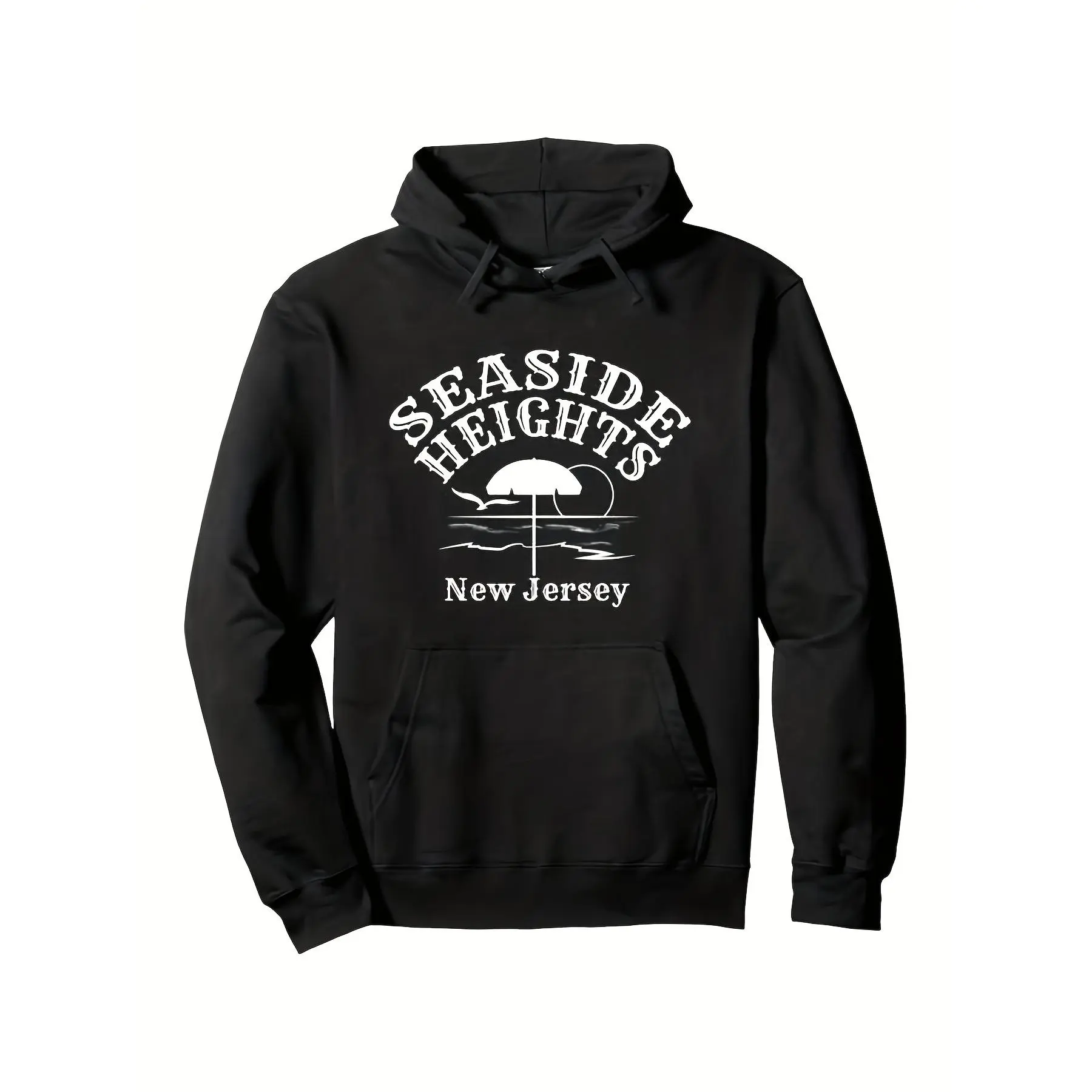 Men's Seaside Heights New Jersey Beach Logo Hoodie - Plus Size Black & White Jersey Shore Sweatshirt, Iconic Amusement Park Design, Casual Pullover Hooded Sweatshirt for NJ Boardwalk Fans,vintage graphic tees
