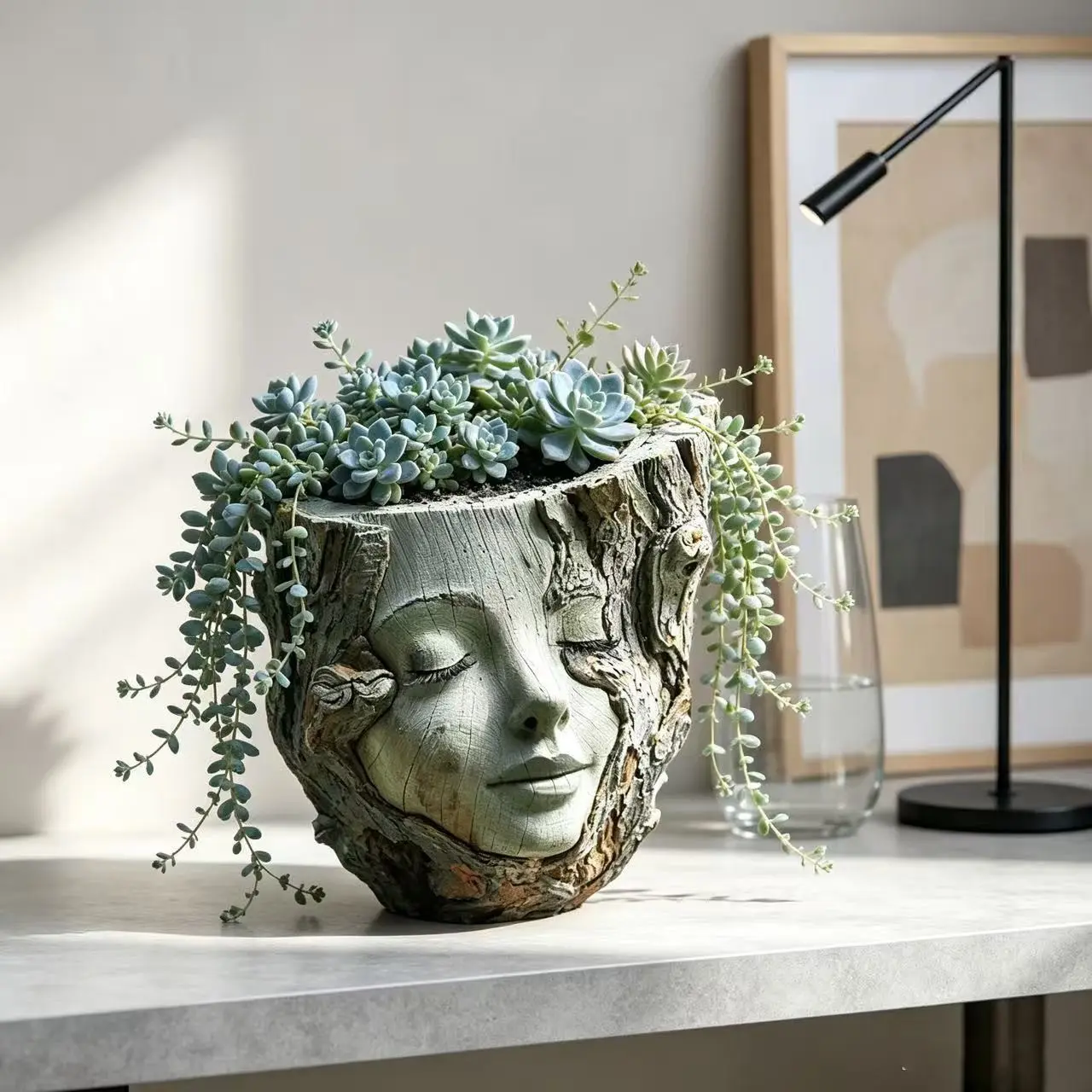 Tree Bark Face Resin Planter Pot, Closed Eyes Woman Head Succulent Vase, Rustic Tree Stump Container, Indoor Outdoor Decor, Housewarming Gift