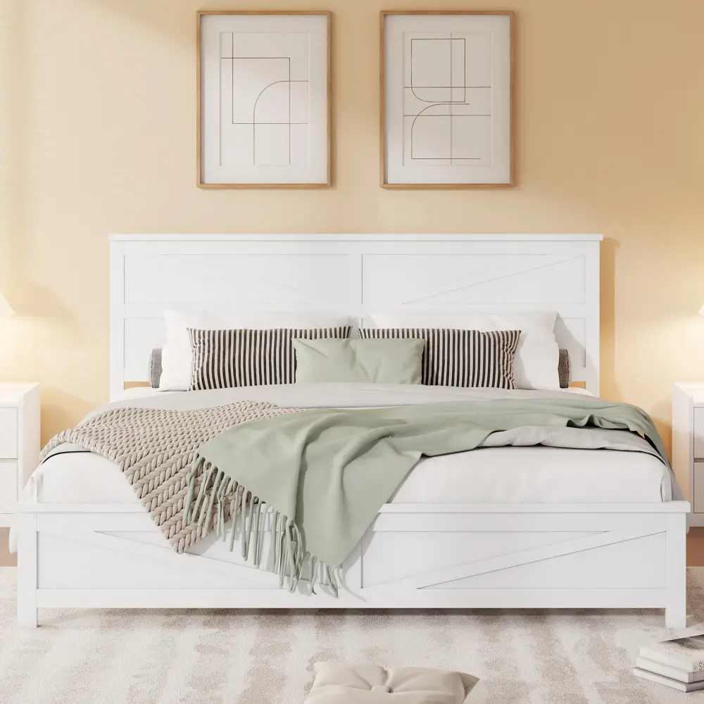 Farmhouse Style King Size Bed with Barn Door Designed Headboard and Footboard,  Pinewood Bed with Strengthened Bed Frame,White