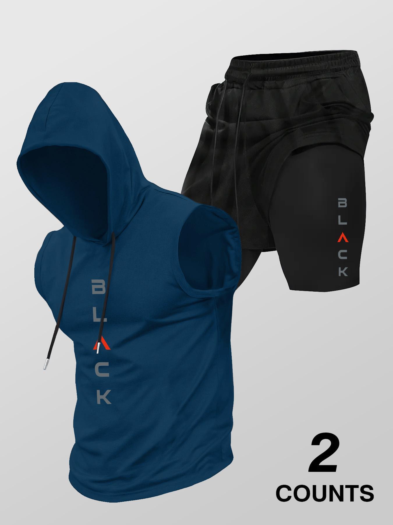 Two-Piece Set Men's Hooded Graphic Tank Top & Shorts Set, Regular Fit Casual Sleeveless Top & Shorts, Men's Clothing Set for Summer Sportswear