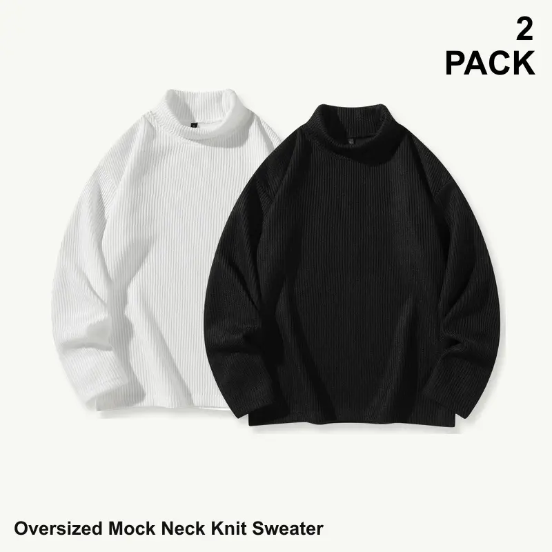 Men's Oversized Mock Neck Ribbed Knit Pullover Sweater, 2-Pack Mixed Assorted Solid Colors, Easygoing Streetwear Pack, Long Sleeve Textured Top, Sizes S-XXL, Group 1