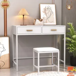 White Vanity Dressing Table Computer Desk w/ 2 Drawers and Cushioned Stool