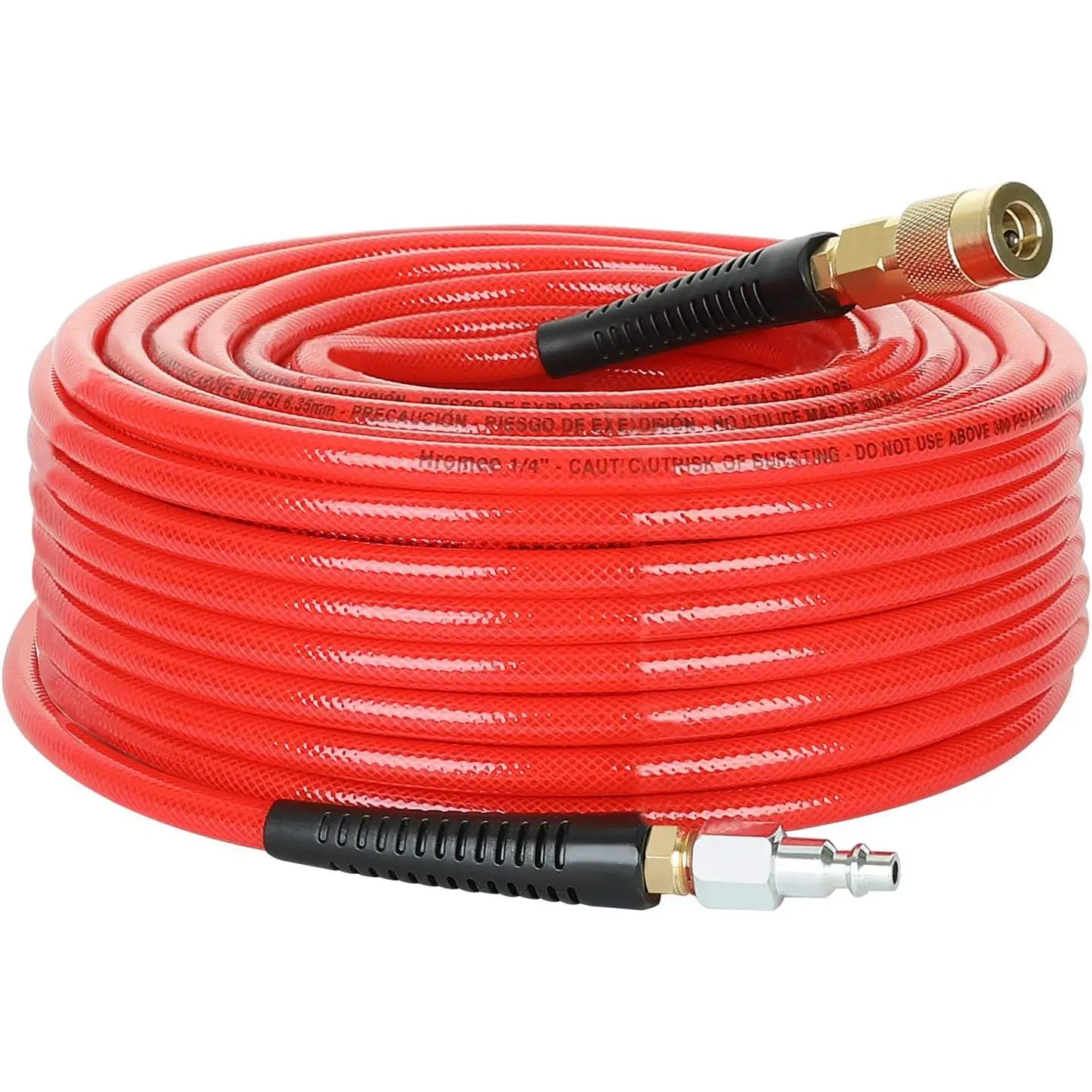 1/4-Inch x 100 Feet Polyurethane Air Hose with Bend Restrictors PU Compressor Hose with 1/4" Industrial Quick Coupler and Plug Kit, Red