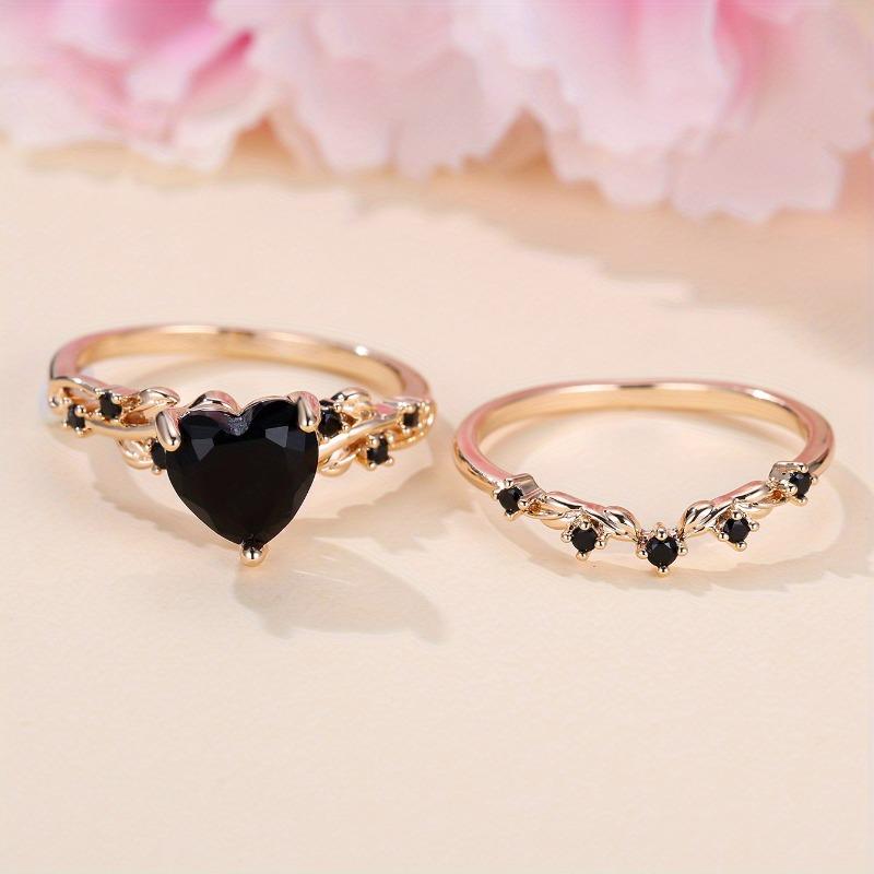 2-Piece Red Green Zirconia Inlaid Copper Band Rings Elegant Stackable Heart Puzzle Couple Rings for Wedding Engagement Matching Jewelry