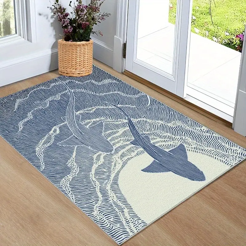 Flannel Floor Mat JIT 1pc 2D Flat Printing flannel material bath mat, 1 piece shark and wave design floor mat - blue, beige, gray nautical style floor mat, soft and comfortable indoor/outdoor entrance mat, machine washable small floor mat, suitable for ba