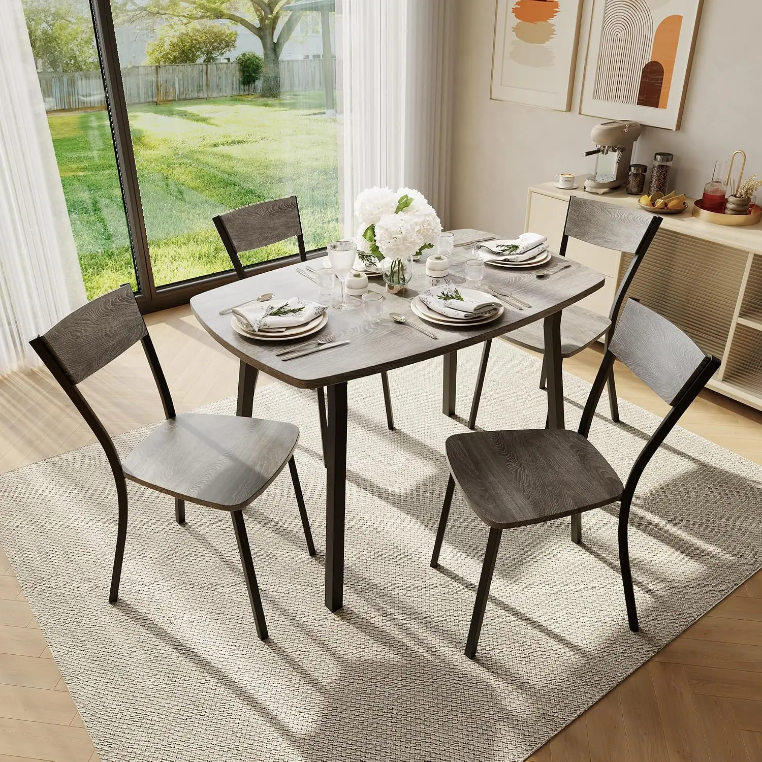 5 Piece Dining Table Set for 4, 43 Inch Kitchen Table and Chairs Set of 4, MDF Square Dining Room Table Set with Rounded Corners, Steel Tube Legs, Space Saving for Small Apartment