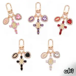 Rose Gold Virgin Mary Cross Charm Keychain With Heart Crystal, Multi-Purpose Purse & Key Accessory, Durable Religious Catholic Jewelry For Women, Ideal Baptism, Confirmation And First Communion Spiritual Gift For Faith Believers