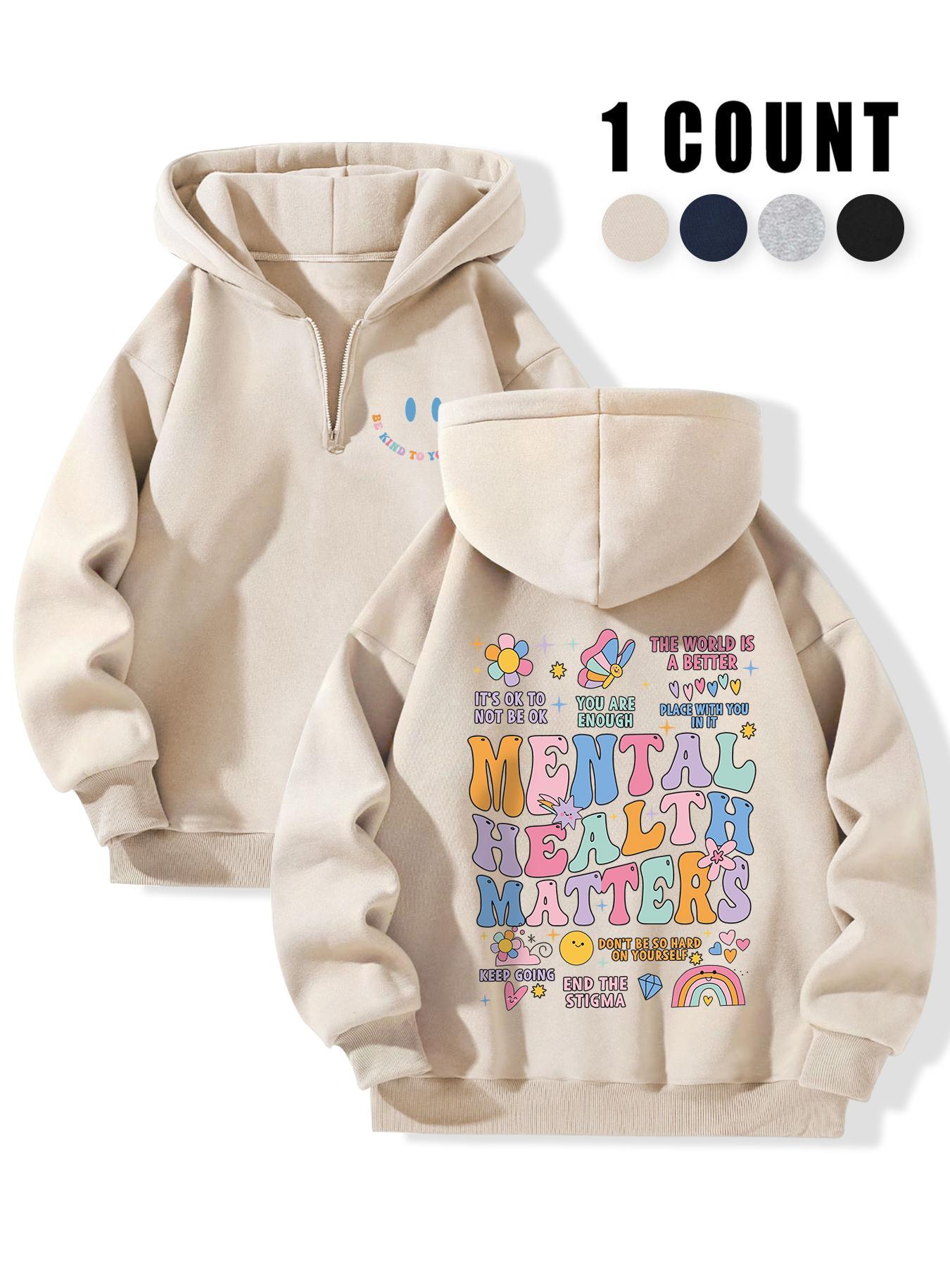 Women's Letter Print Half Zip Up Drop Shoulder Hoodie, Fashion Casual Hooded Sweatshirt for Daily Holiday Outdoor Wear, Women Clothing for Fall & Winter, Casual Pullover Hoodie