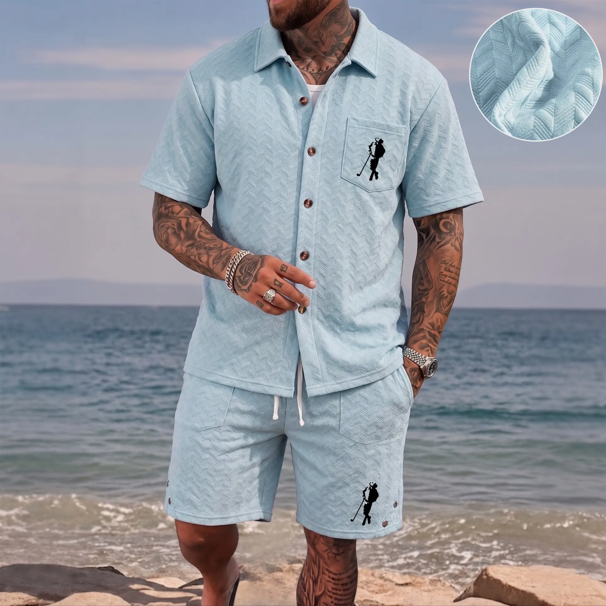 Men’s Golf Player Silhouette Graphic Print Shirt & Shorts Set, Textured Button-Up Summer Two-Piece Outfit with Chest Pocket, Lightweight Resort Vacation Outfit for Travel, Sport and Daily Wear