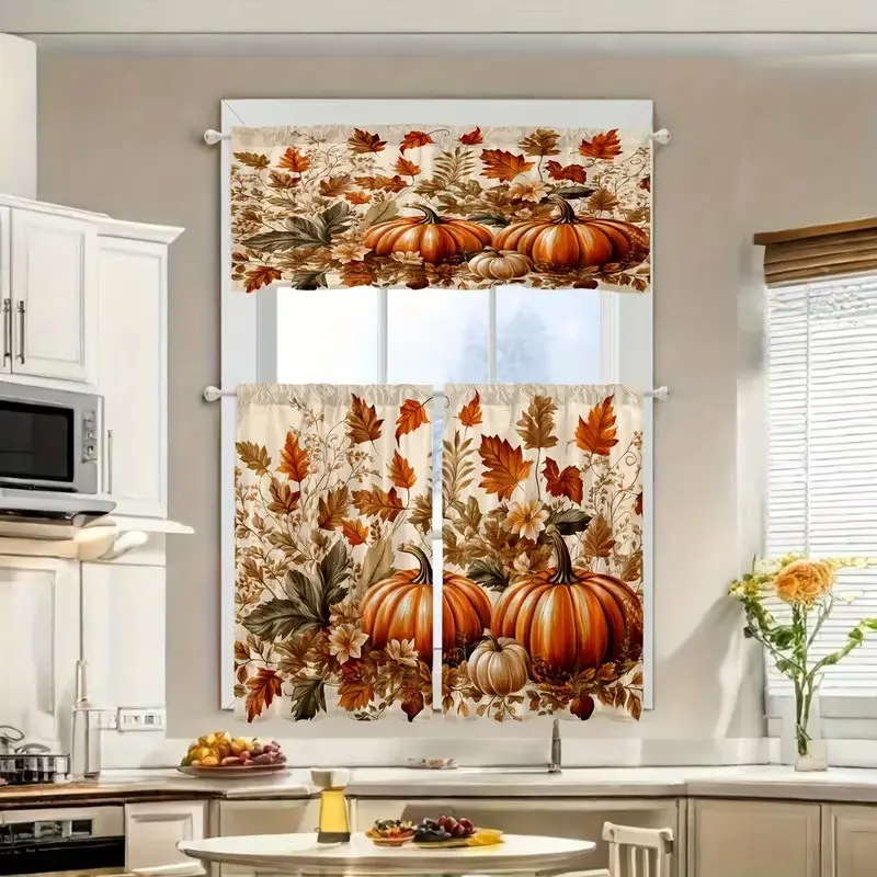 Three-piece autumn watercolor pumpkin and maple leaf printed kitchen curtain decoration set, suitable for small balcony windows, guesthouse kitchens, restaurant small windows, and autumn harvest festival decorations.