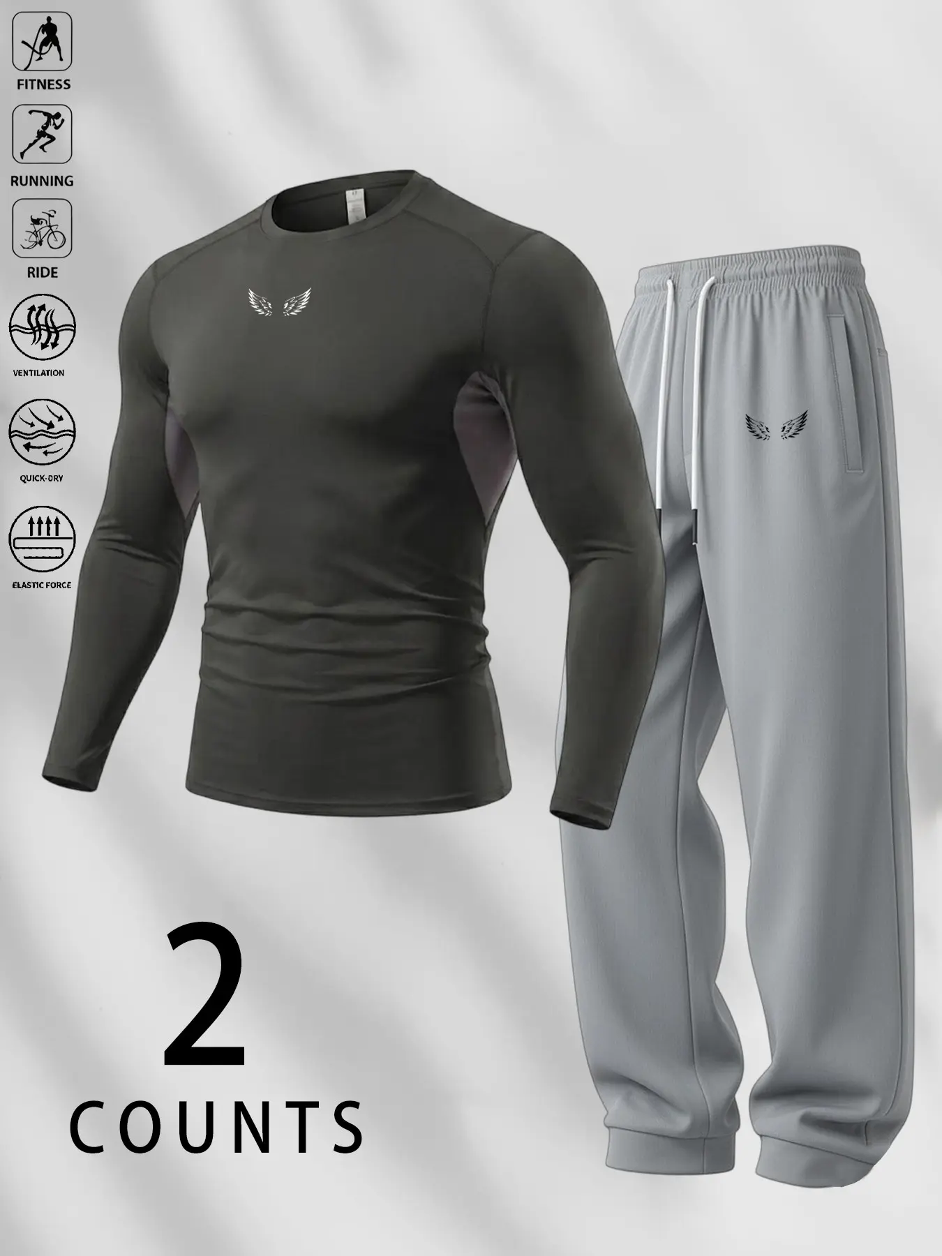 Men's Athleisure Tracksuit, Slim Muscle Fit Quick-Dry Compression Long Sleeve Top + Cuffed Jogger Pants Set, Versatile Multi-Wear Outfit Ideal for Gym Training, Running, Cycling, Light Outdoor Activities, Street Fashion & Daily Commute Casual Styling