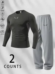 Men's Athleisure Tracksuit, Slim Muscle Fit Quick-Dry Compression Long Sleeve Top + Cuffed Jogger Pants Set, Versatile Multi-Wear Outfit Ideal for Gym Training, Running, Cycling, Light Outdoor Activities, Street Fashion & Daily Commute Casual Styling