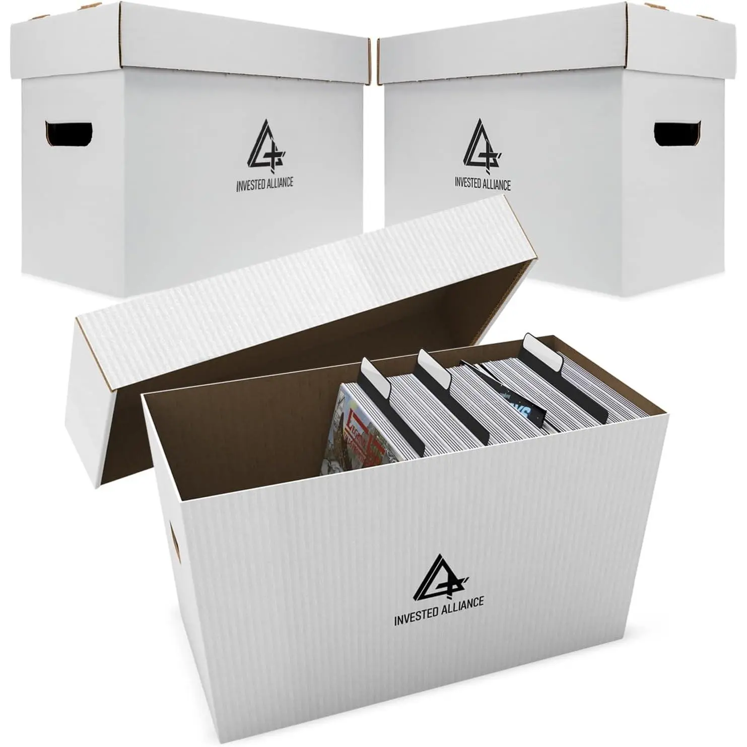 Invested Alliance Premium Short Comic Book Storage Box Organizer with Lid | Thick Cardboard Comic Storage Box For Collectibles Fits 150-175 Current/Silver Age, Heavy Duty & Stackable.