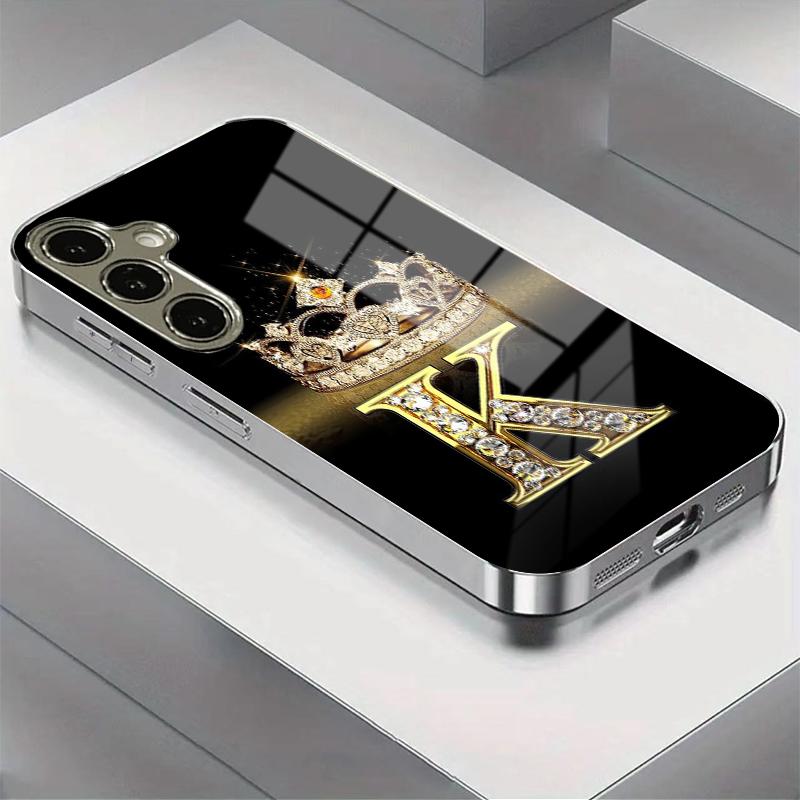 Elegant Crown & Letter K Diamond Pattern Phone Case, Electroplated Tempered Glass Design, Compatible with Samsung Galaxy Series