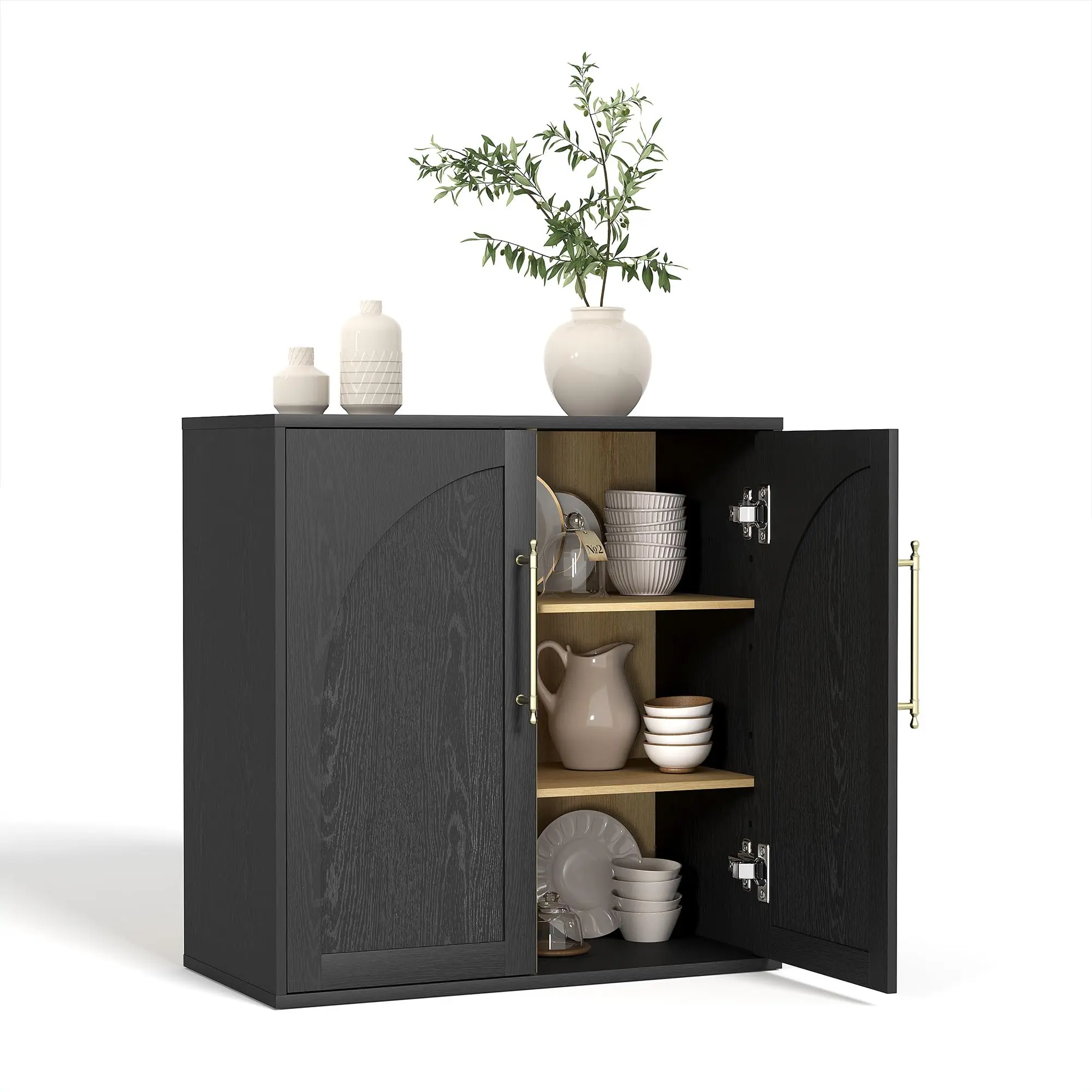 Modern Farmhouse Arched Storage Cabinet – 2 Adjustable Shelves – Small Sideboard Buffet & Media Console – Anti-Tip Kit – For Living, Dining, Kitchen, Coffee Bar, Bedroom