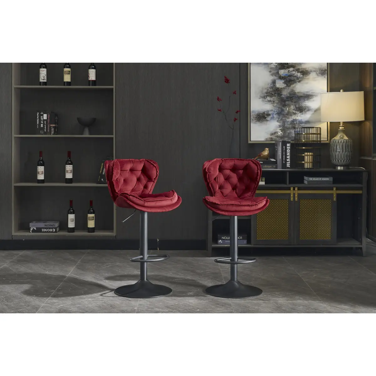 Set of 2 Red Armless Velvet 360-Swivel Barstools - Durable Swivel Chairs, Adjustable Height, Mechanical Lifting, Powder-Coated Footrest & Base, Non-Slip Rubber Ring, 17.32x18.30x34.64in, 18.73lbs, Assembly Required, Simple Design, 17.32 X 18.30 X 34.64 In