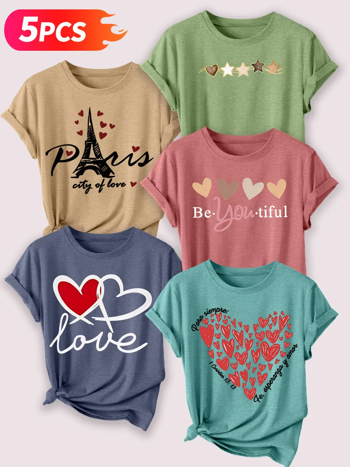 5PCS Women Crew Tee, Dandelion Inspirational Slogan Print, multi-color, washable, soft summer top
