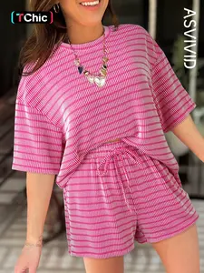 Women's Casual Raised Rib Striped Tee and Drawstring Elastic Waist Pockets Short Pants Set, Matching 2-Piece Set, All Seasons Wear
