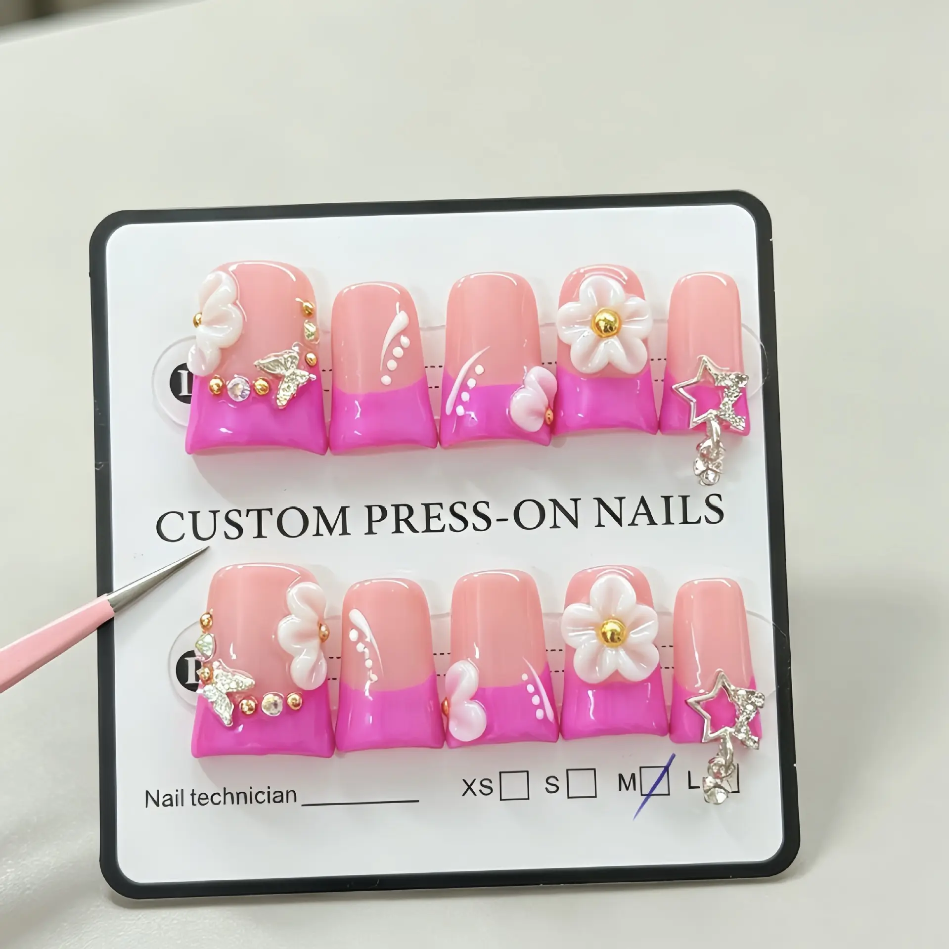 Atelier Handmade Sweet Coquette Duck Press On Nails 3D Flower Butterfly Star Pendant Rhinestone Gold Bead Charms Nude Pink Hot Pink French Tip Glossy Y2K Kawaii Reusable False Nails For Girls Night Date Festival Daily Party