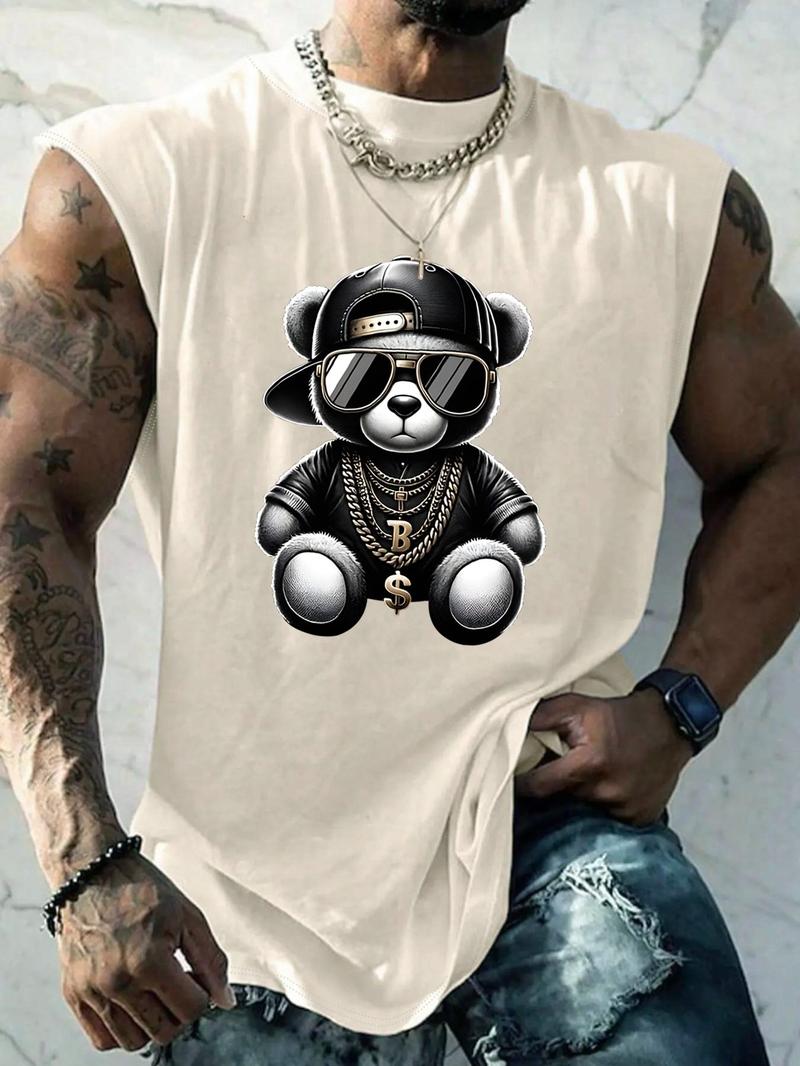 Men's Regular Fit Bear & Letter Print Top, Casual Comfy Sleeveless Top for Summer, Fashion Men's Clothes for Daily Wear, Streetwear Tank Vest, Vests