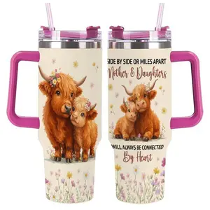 Mother Daughter Highland Cow Insulated Stainless Steel Travel Tumbler - Side by Side, Distant Yet Connected by Heart, Wildflower Farmhouse Vacuum Flask, Mother's Day Birthday Gift for Mom Daughter